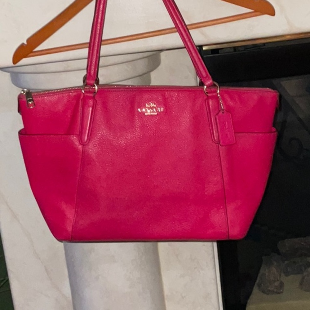 Coach Hot Pink Pebbled Leather Tote With Gold-Tone Hardware Accents Authentic